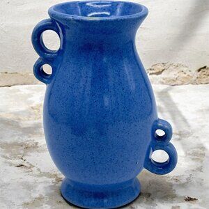Vintage Blue Ceramic Vase With Unique Loop Handles & Speckled Finish